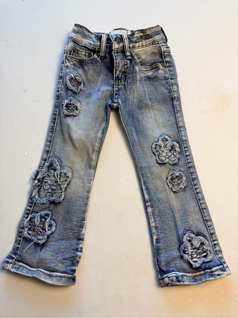 Girls' Light Wash Floral Appliqué Flared Jeans